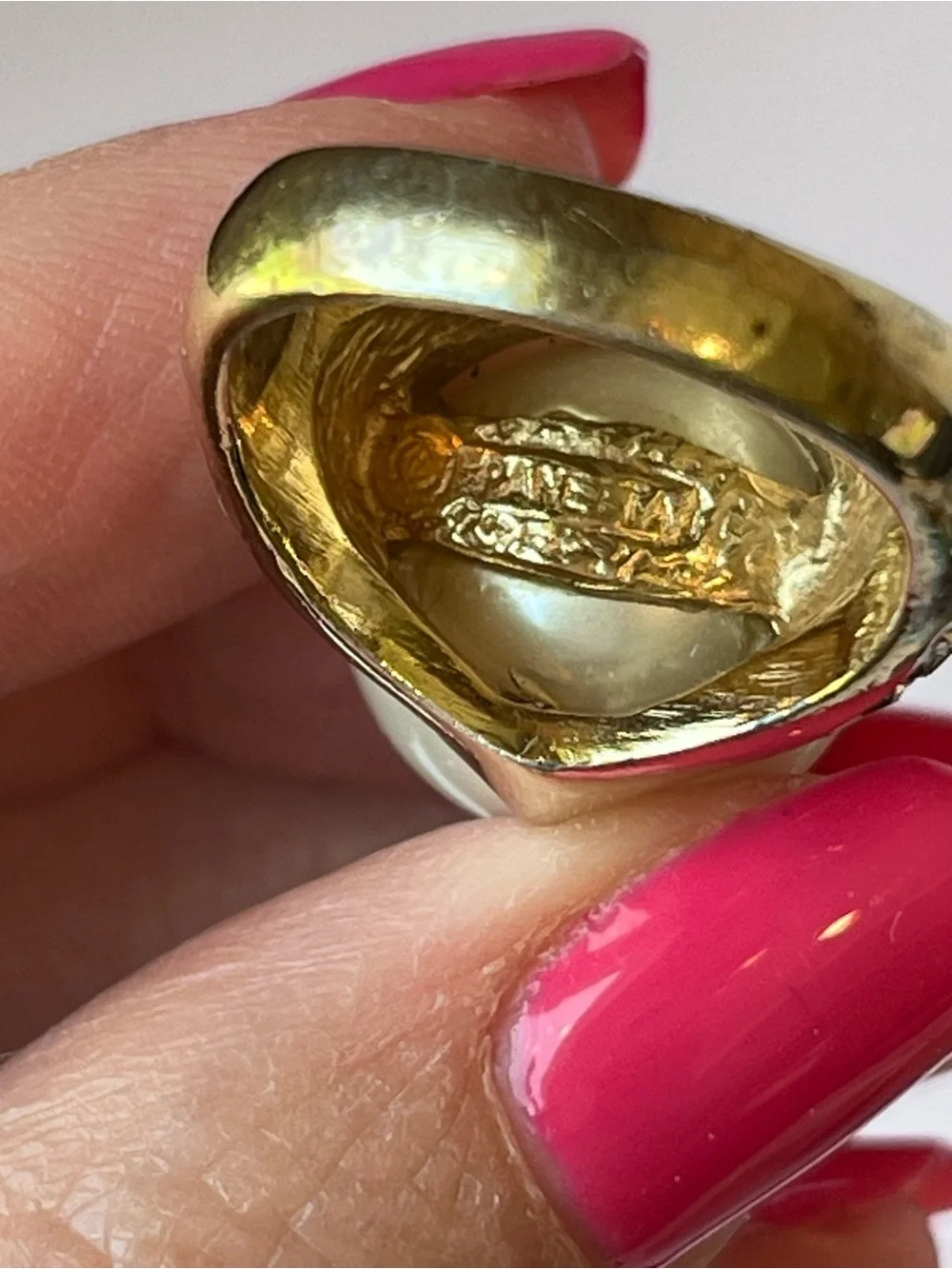 Vintage Panetta Faux Pearl & Crystals Gold Tone Sterling Cocktail Statement Ring